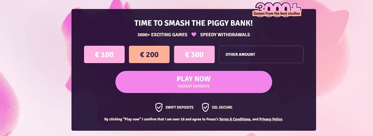 "A deposit screen for an online casino with options to select deposit amounts of €100, €200, €300, or 