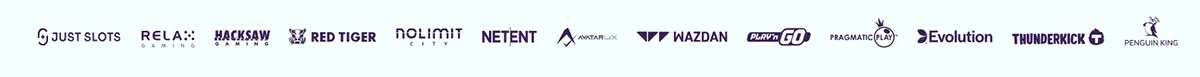 "A collection of online casino game provider logos, including Just Slots, Relax Gaming, Hacksaw Gaming, Red Tiger, Nolimit City, NetEnt, AvatarUX, Wazdan, Play