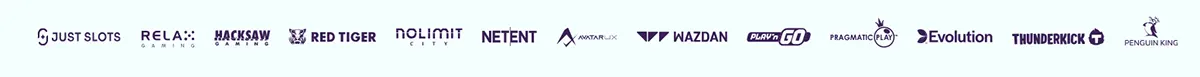 "A collection of online casino game provider logos, including Just Slots, Relax Gaming, Hacksaw Gaming, Red Tiger, Nolimit City, NetEnt, AvatarUX, Wazdan, Play'n GO, Pragmatic Play, Evolution, Thunderkick, and Penguin King."