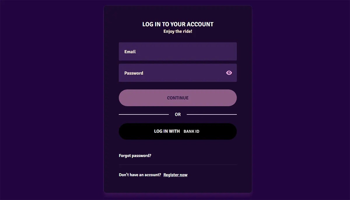 "A login screen for an online casino with fields for entering email and password, a 