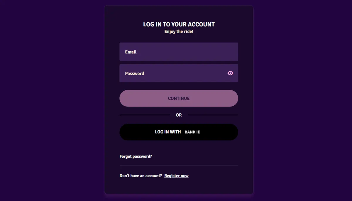 "A login screen for an online casino with fields for entering email and password, a 'Continue' button, and an option to log in using a Bank ID. Below, there are options for password recovery and account registration."